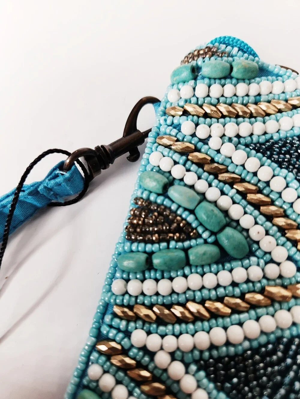 NEW Bamboo Trading Company Beaded Turquoise Wristlet Crossbody Bag Blue Satin